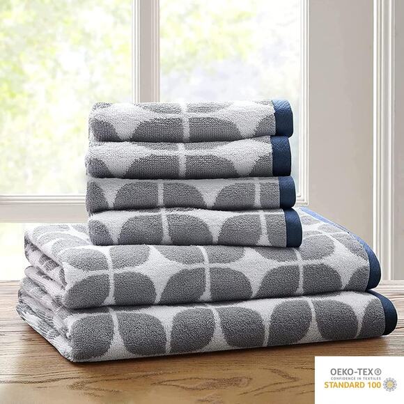 Intelligent Design Lita Cotton Jacquard Bath Towel 6 Piece Set Gray/Navy - Picture 1 of 7